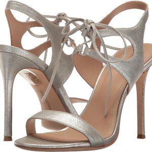 Pour La Victoire Designer Silver leather stiletto lace up heel sandal 5.5